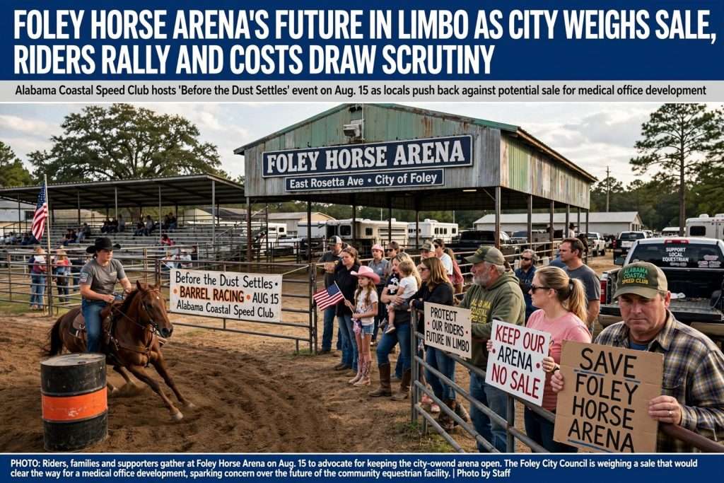 Illustration for the news story: Foley Horse Arena’s Future in Limbo as City Weighs Sale, Riders Rally and Costs Draw Scrutiny