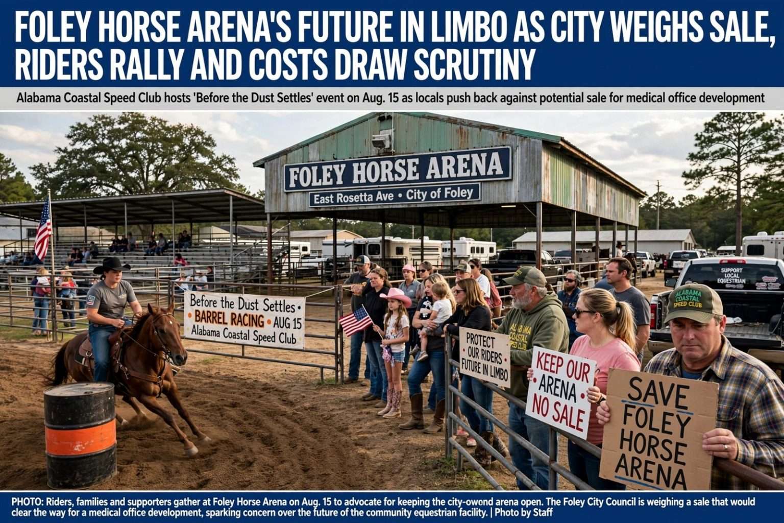 Illustration for the news story: Foley Horse Arena’s Future in Limbo as City Weighs Sale, Riders Rally and Costs Draw Scrutiny