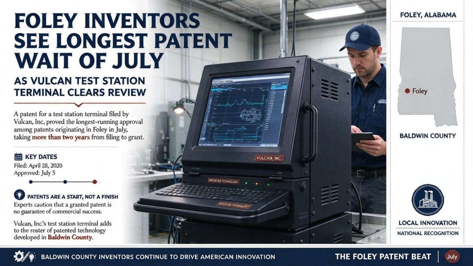 Illustration for the news story: Foley Inventors See Longest Patent Wait of July as Vulcan Test Station Terminal Clears Review