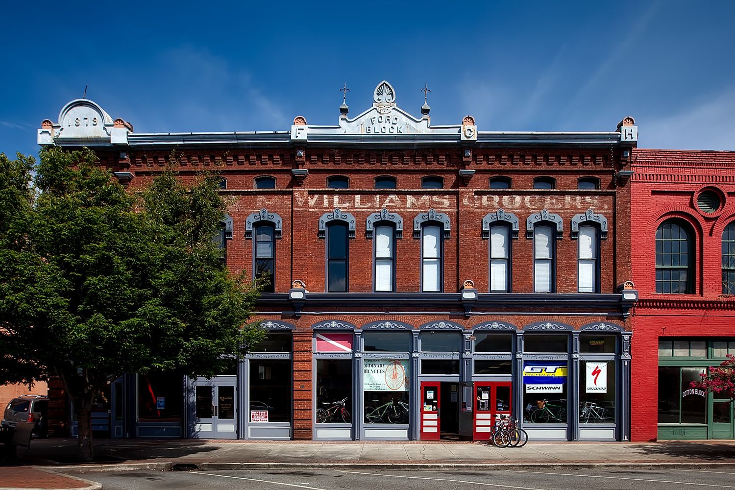 Downtown street scene with restored storefronts in Foley, Alabama