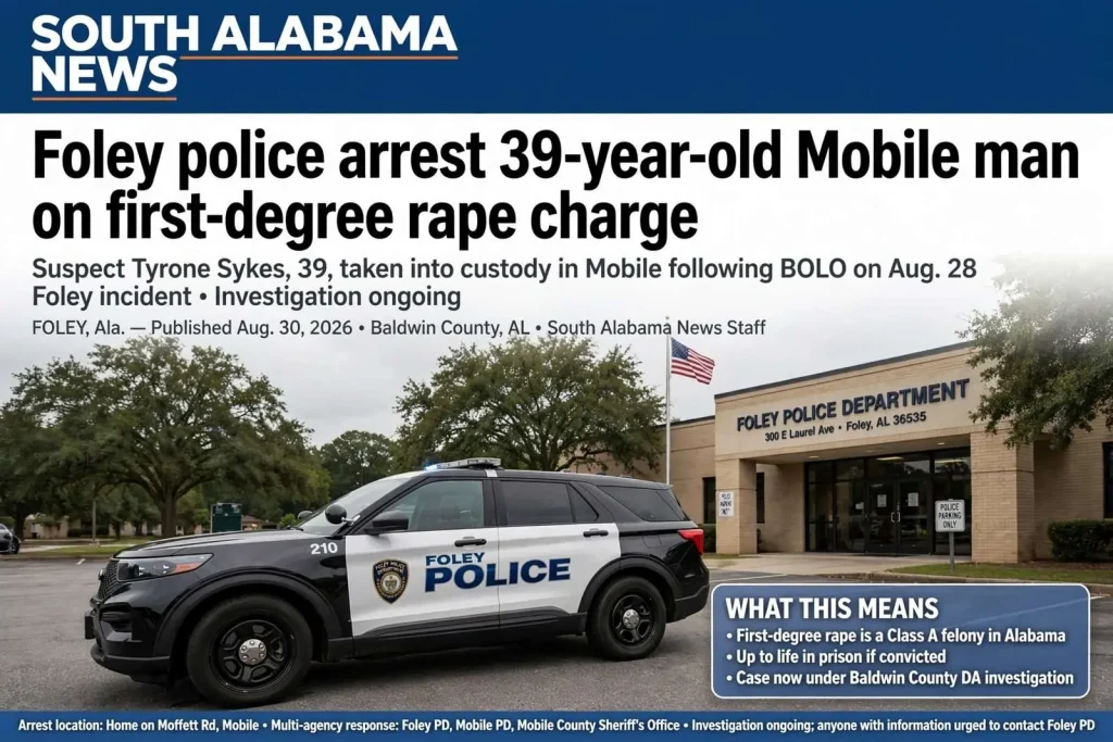 Illustration for the news story: Foley police arrest 39-year-old Mobile man on first-degree rape charge