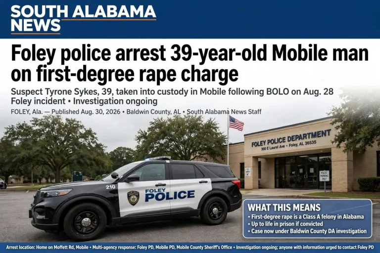 Illustration for the news story: Foley police arrest 39-year-old Mobile man on first-degree rape charge