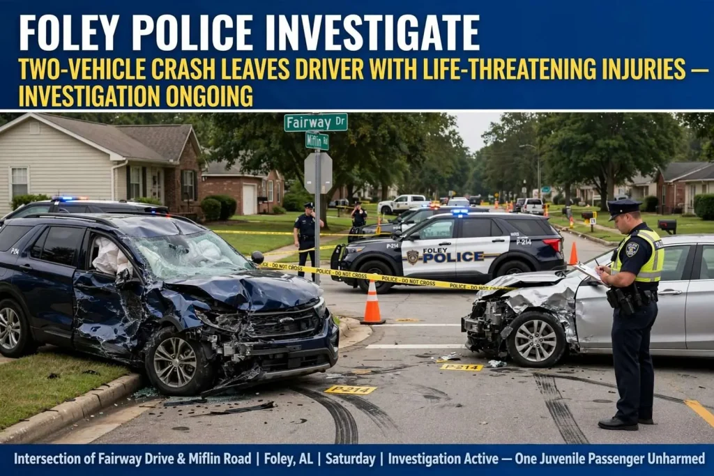 Illustration for the news story: Foley Police Investigate Two-Vehicle Crash That Left Driver With Life-Threatening Injuries