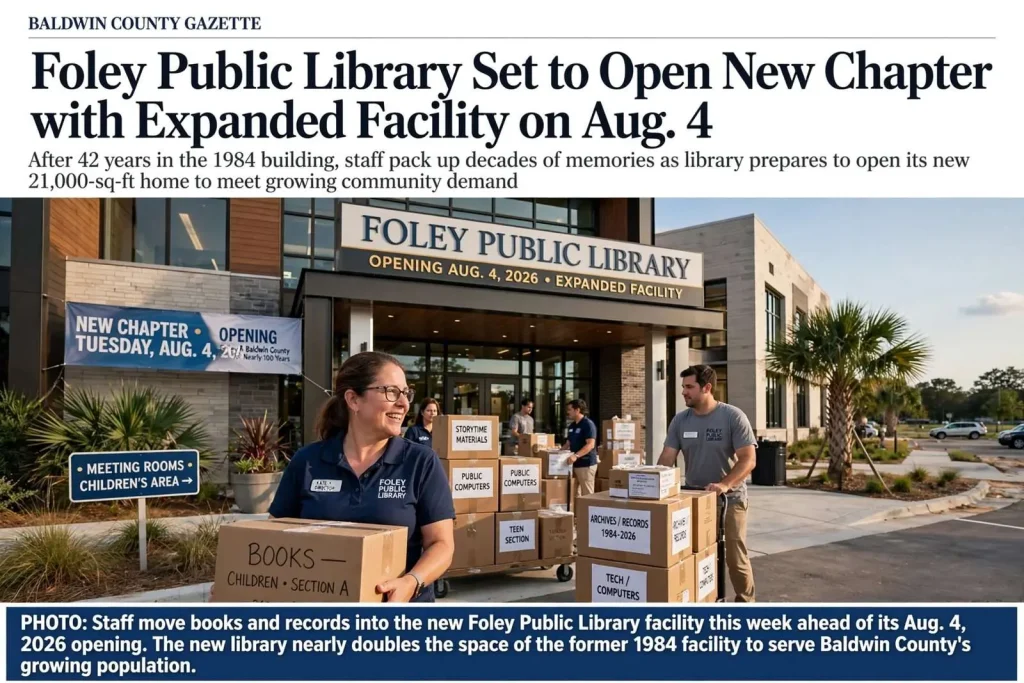 Illustration for the news story: Foley Public Library Set to Open New Chapter with Expanded Facility on Aug. 4