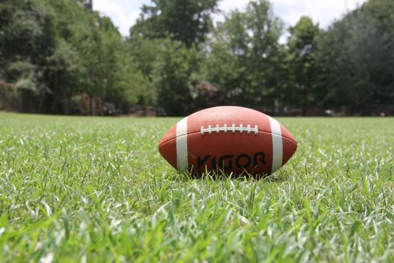 A football resting in grass with trees in the background