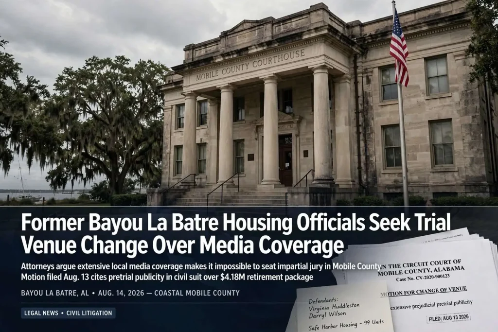 Illustration for the news story: Former Bayou La Batre Housing Officials Seek Trial Venue Change Over Media Coverage
