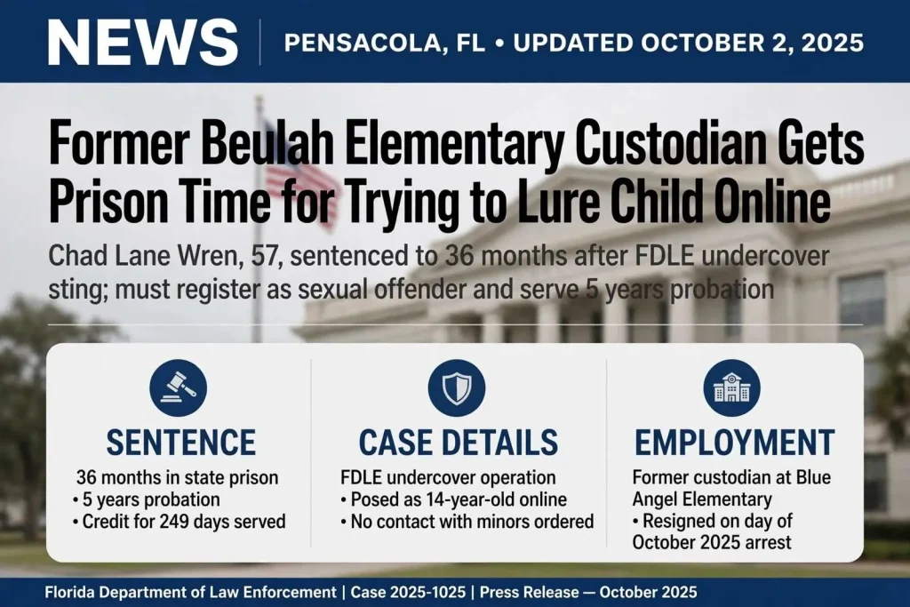 Illustration for the news story: Former Beulah Elementary Custodian Gets Prison Time for Trying to Lure Child Online