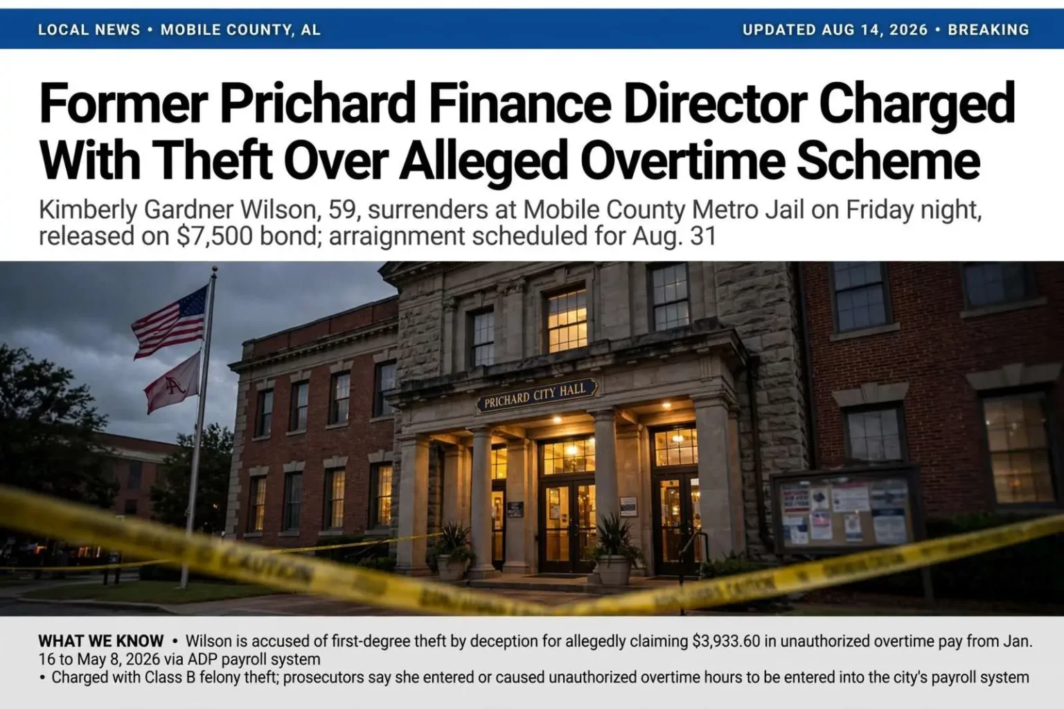 Illustration for the news story: Former Prichard Finance Director Charged With Theft Over Alleged Overtime Scheme