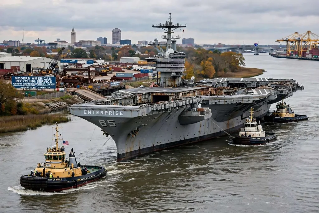 Illustration for the news story: Former USS Enterprise Could Reach Mobile This Fall as Navy Firms Up Dismantlement Plans
