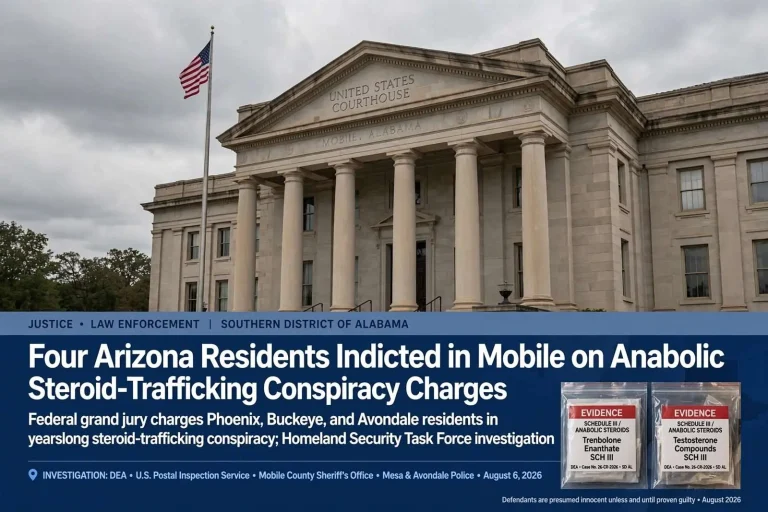 Illustration for the news story: Four Arizona Residents Indicted in Mobile on Anabolic Steroid-Trafficking Conspiracy Charges