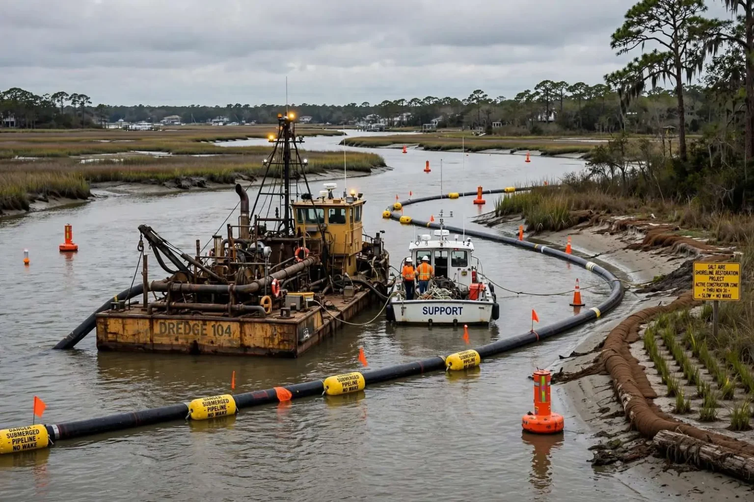 Illustration for the news story: Dredge, Pipeline and Support Vessels: Boaters Told to Slow Down Near Fowl River Through November