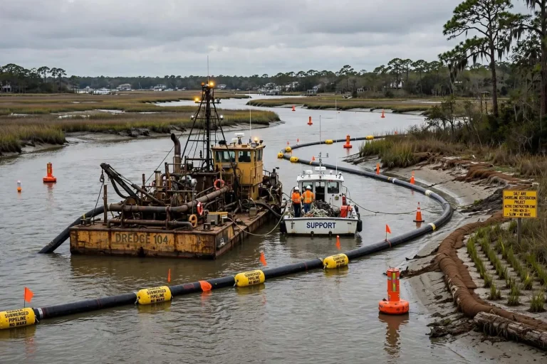 Illustration for the news story: Dredge, Pipeline and Support Vessels: Boaters Told to Slow Down Near Fowl River Through November