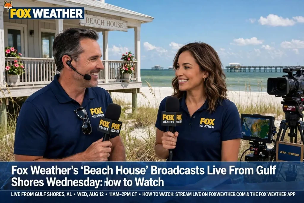 Illustration for the news story: Fox Weather’s ‘Beach House’ Broadcasts Live From Gulf Shores Wednesday: How to Watch