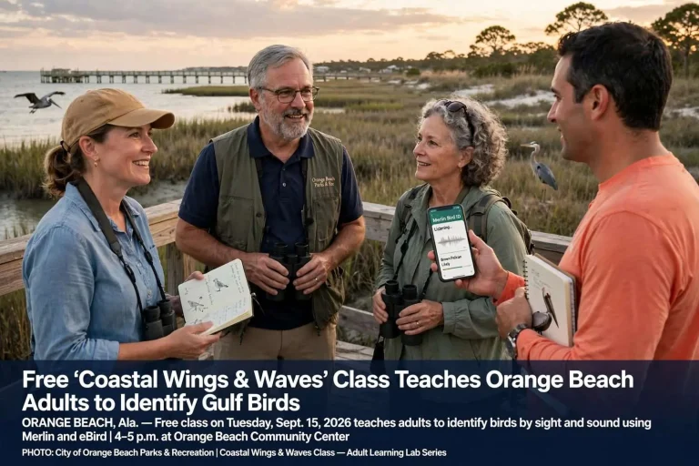 Illustration for the news story: Free ‘Coastal Wings & Waves’ Class Teaches Orange Beach Adults to Identify Gulf Birds
