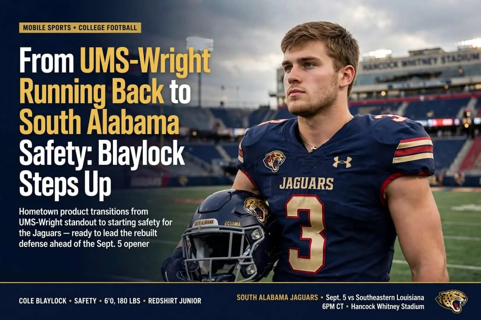Illustration for the news story: From UMS-Wright Running Back to South Alabama Safety: Blaylock Steps Up