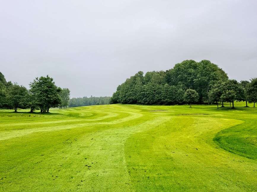 A golf course fairway with manicured greens