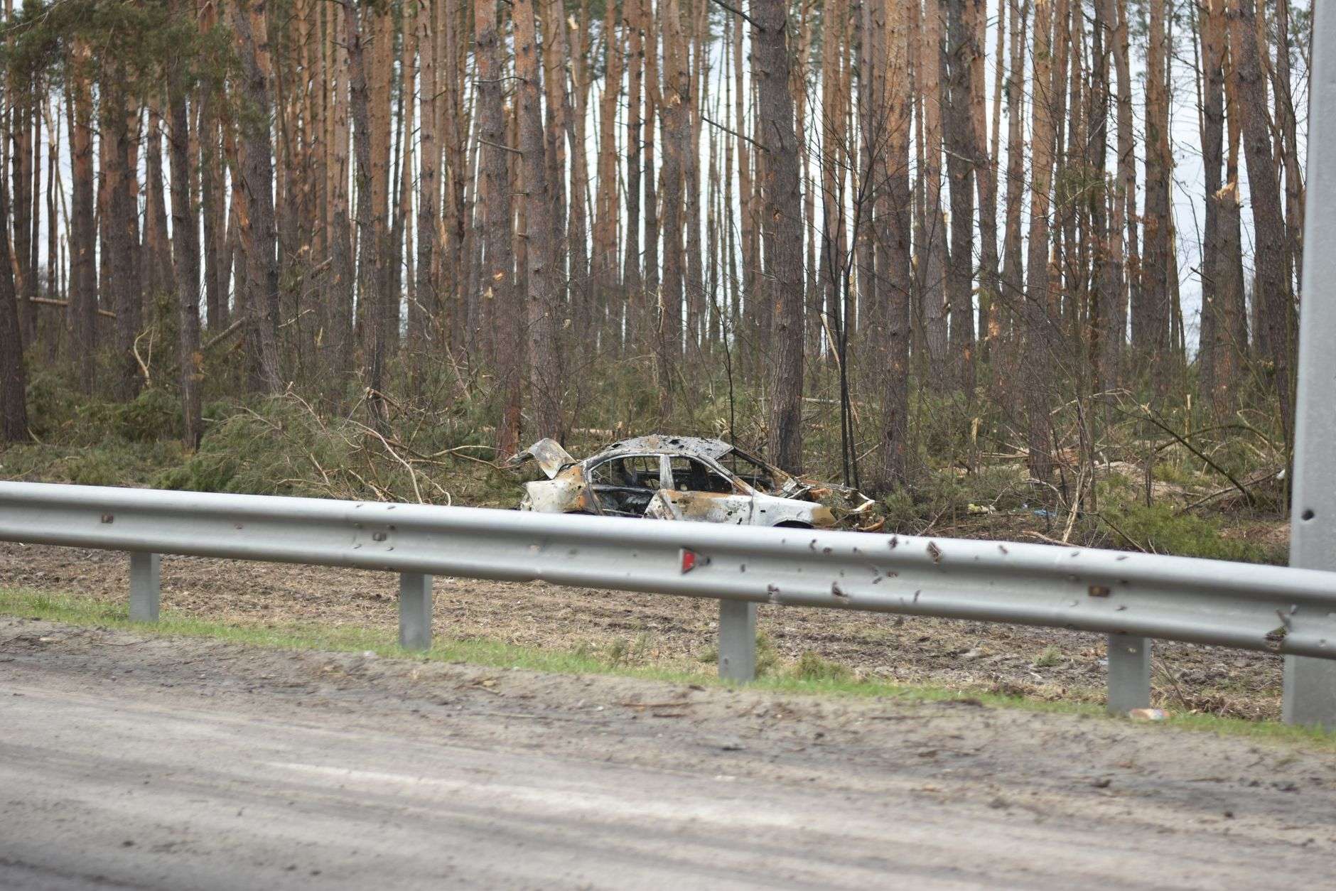 A rural roadway at dusk near a wooded area, representing the site of a vehicle crash.