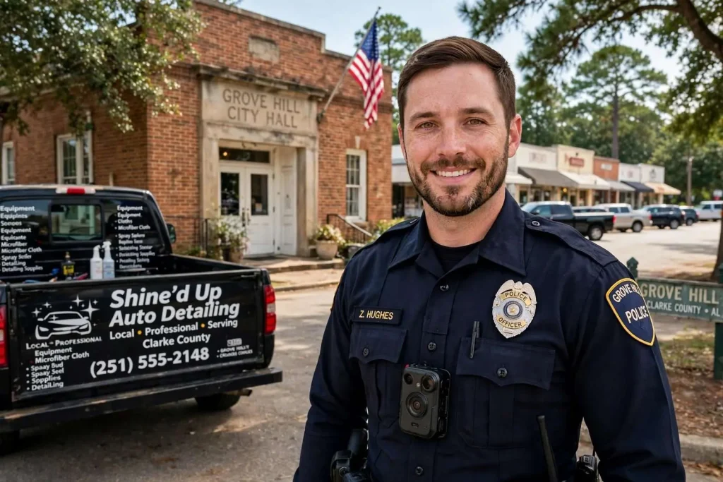 Illustration for the news story: Grove Hill Council Hires Local Business Owner Zachary Hughes as New Police Officer