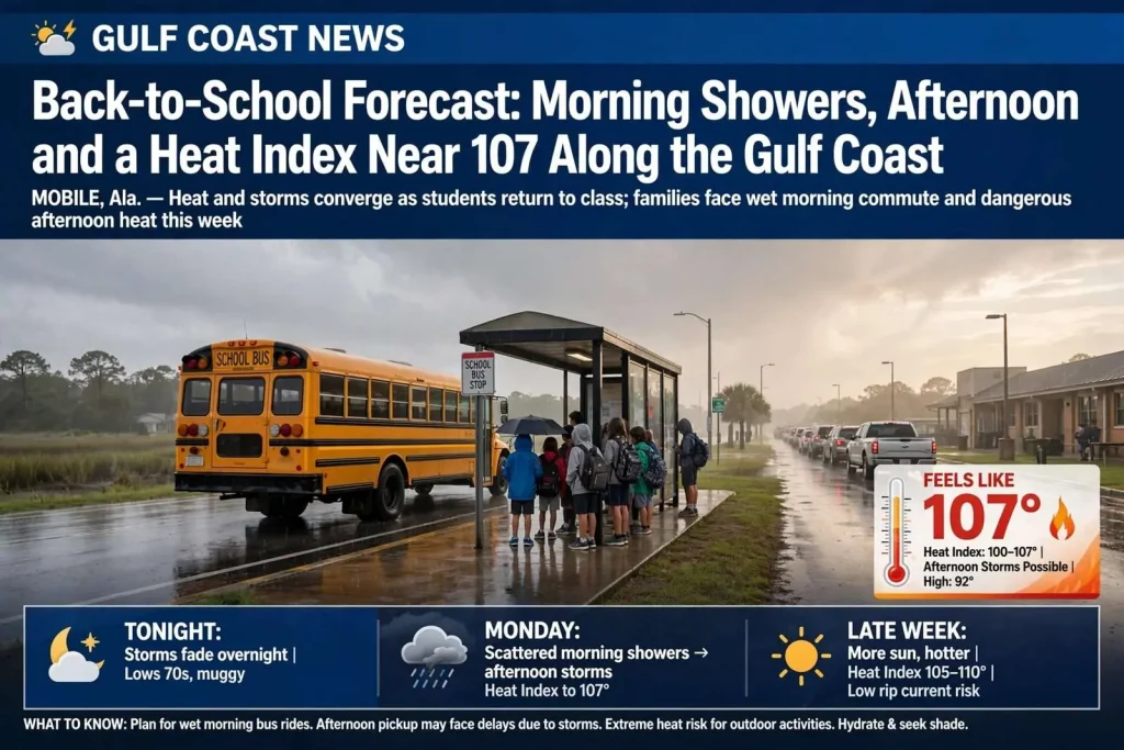 Illustration for the news story: Back-to-School Forecast: Morning Showers, Afternoon Storms and a Heat Index Near 107 Along the Gulf Coast