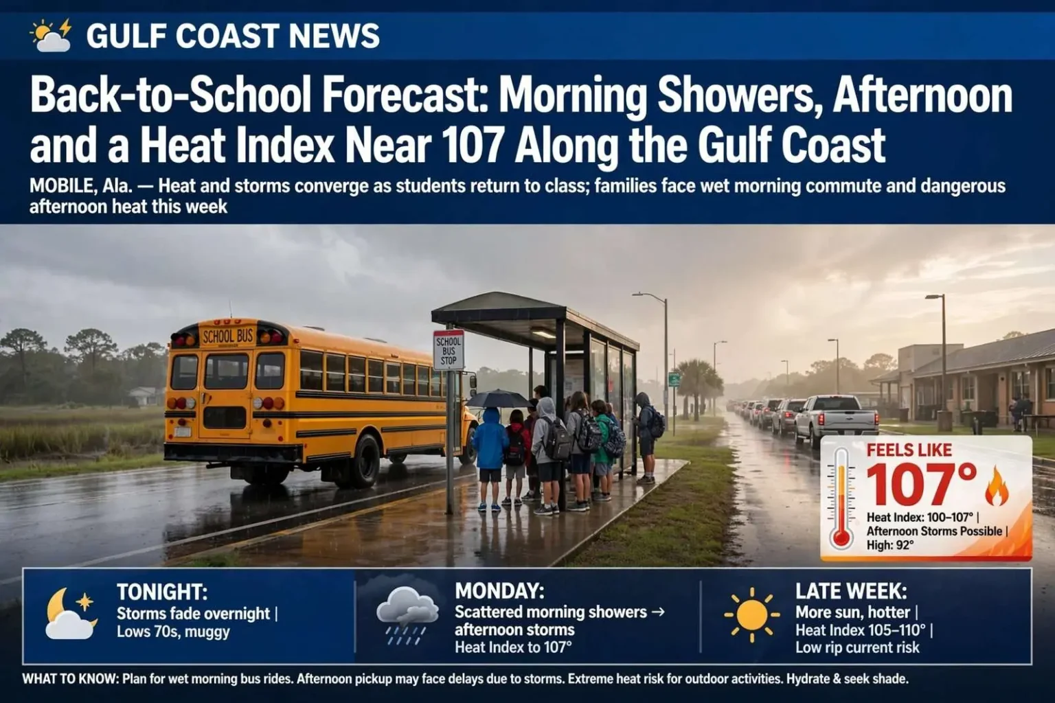 Illustration for the news story: Back-to-School Forecast: Morning Showers, Afternoon Storms and a Heat Index Near 107 Along the Gulf Coast