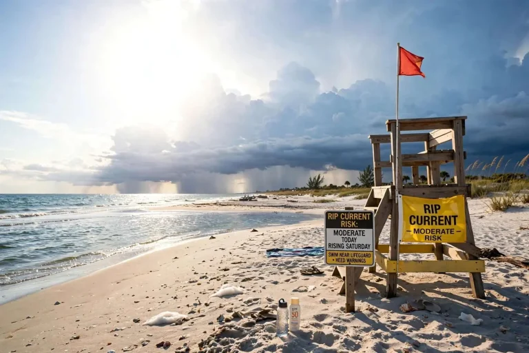 Illustration for the news story: Gulf Coast Forecast: Blazing Sunshine, Spotty Storms and Rising Rip Current Risk Through the Weekend
