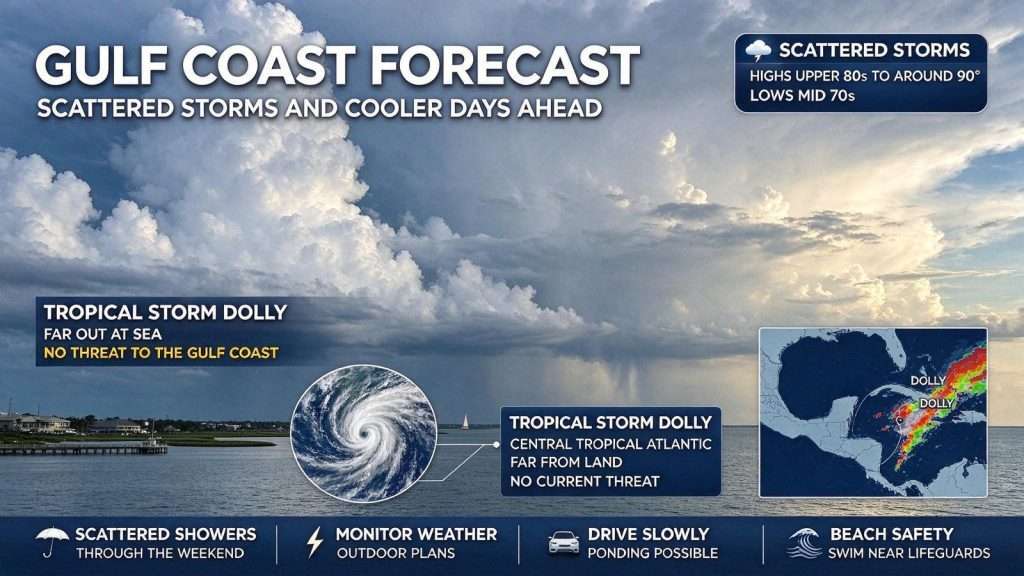 Illustration for the news story: Gulf Coast Forecast: Scattered Storms and Cooler Days Ahead as Tropical Storm Dolly Forms Far Out at Sea