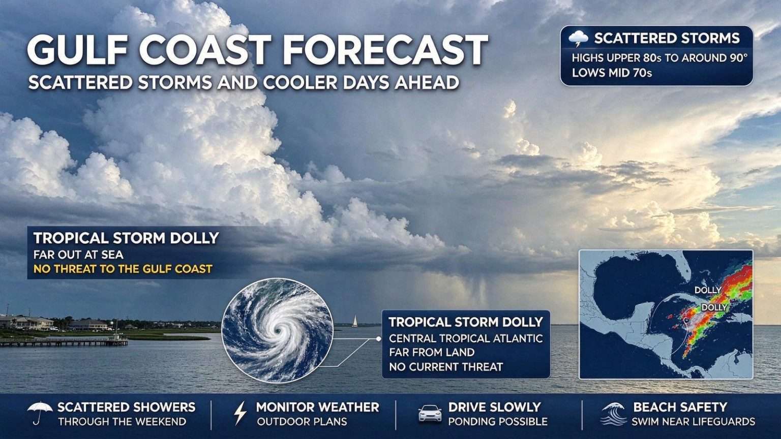 Illustration for the news story: Gulf Coast Forecast: Scattered Storms and Cooler Days Ahead as Tropical Storm Dolly Forms Far Out at Sea