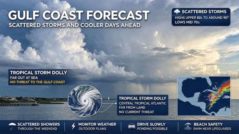 Illustration for the news story: Gulf Coast Forecast: Scattered Storms and Cooler Days Ahead as Tropical Storm Dolly Forms Far Out at Sea