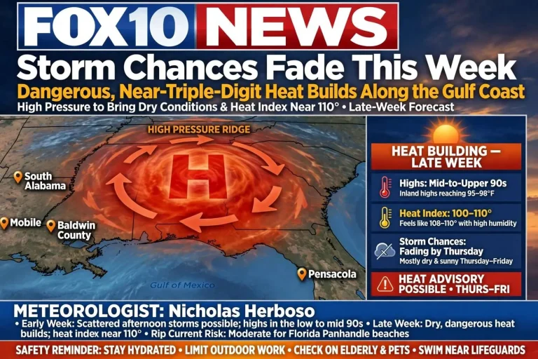 Illustration for the news story: Storm Chances Fade This Week as Dangerous, Near-Triple-Digit Heat Builds Along the Gulf Coast