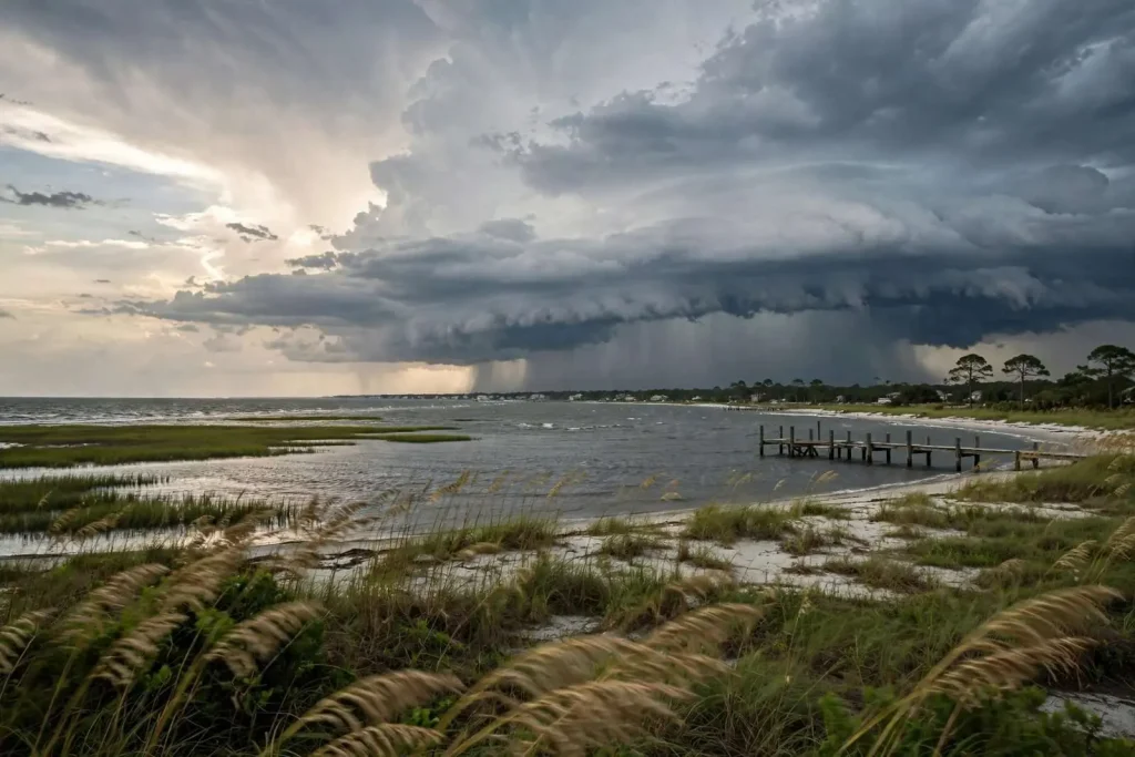 Illustration for the news story: Gulf Coast Weather: Heat Wave Finally Eases as a Hot, Stormy Pattern Settles In