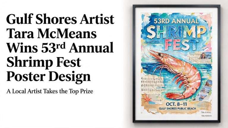 Illustration for the news story: Gulf Shores Artist Tara McMeans Wins 53rd Annual Shrimp Fest Poster Design
