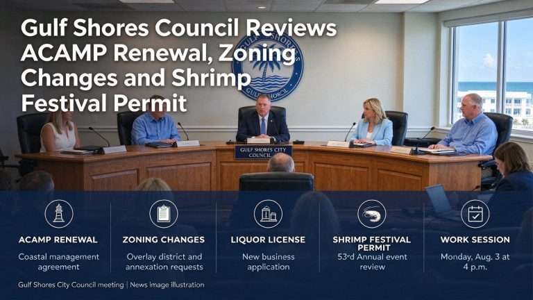 Illustration for the news story: Gulf Shores Council Reviews ACAMP Renewal, Zoning Changes and Shrimp Festival Permit