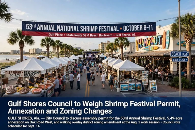 Illustration for the news story: Gulf Shores Council to Weigh Shrimp Festival Permit, Annexation and Zoning Changes