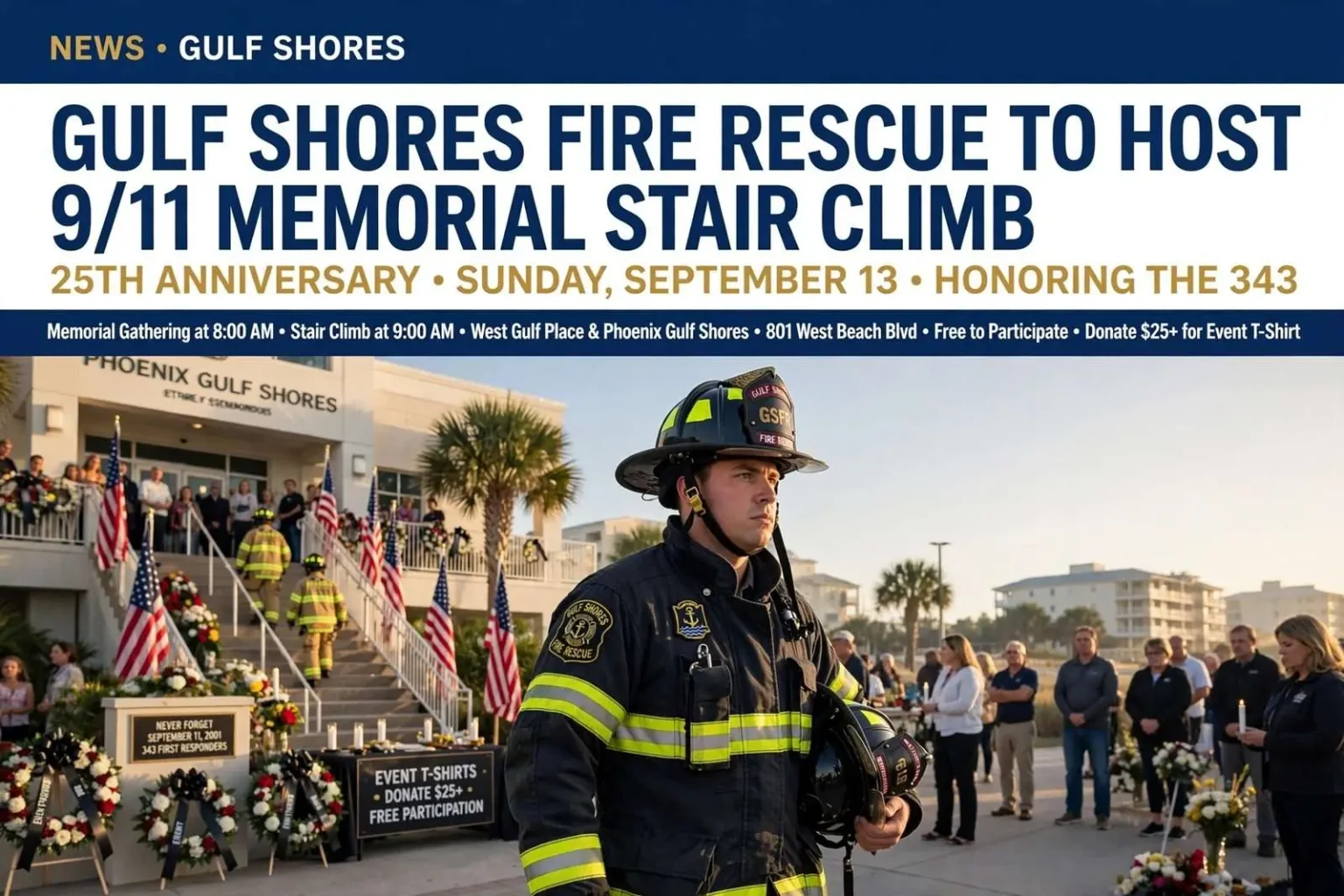 Illustration for the news story: Gulf Shores Fire Rescue to Host 9/11 Memorial Stair Climb for 25th Anniversary