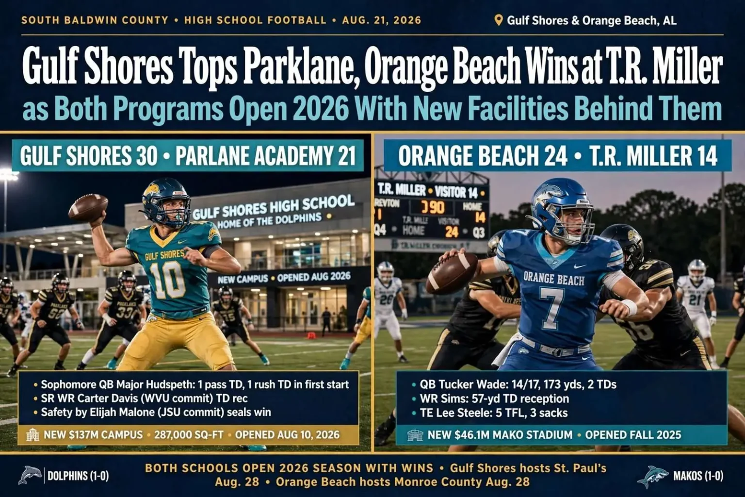 Illustration for the news story: Gulf Shores Tops Parklane, Orange Beach Wins at T.R. Miller as Both Programs Open 2026 With New Facilities Behind Them