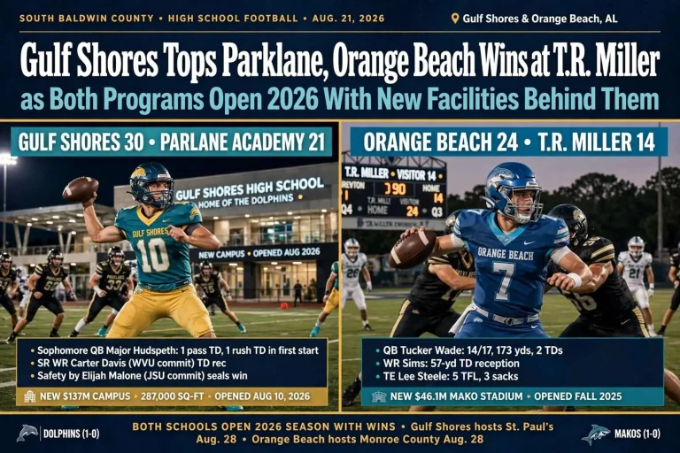 Illustration for the news story: Gulf Shores Tops Parklane, Orange Beach Wins at T.R. Miller as Both Programs Open 2026 With New Facilities Behind Them