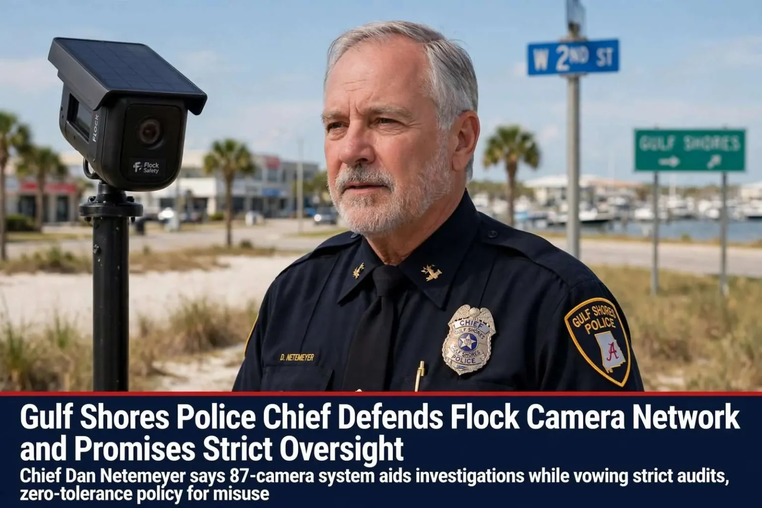 Illustration for the news story: Gulf Shores Police Chief Defends Flock Camera Network and Promises Strict Oversight