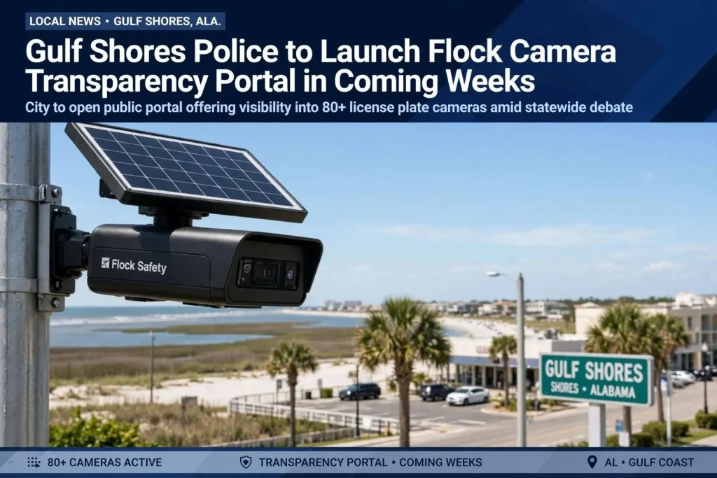 Illustration for the news story: Gulf Shores Police to Launch Flock Camera Transparency Portal in Coming Weeks