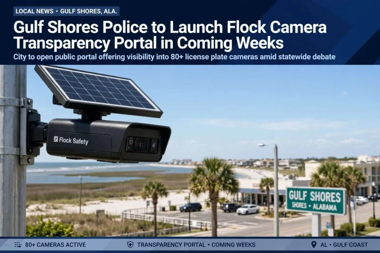 Illustration for the news story: Gulf Shores Police to Launch Flock Camera Transparency Portal in Coming Weeks