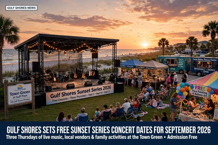 Illustration for the news story: Gulf Shores Sets Free Sunset Series Concert Dates for September 2026