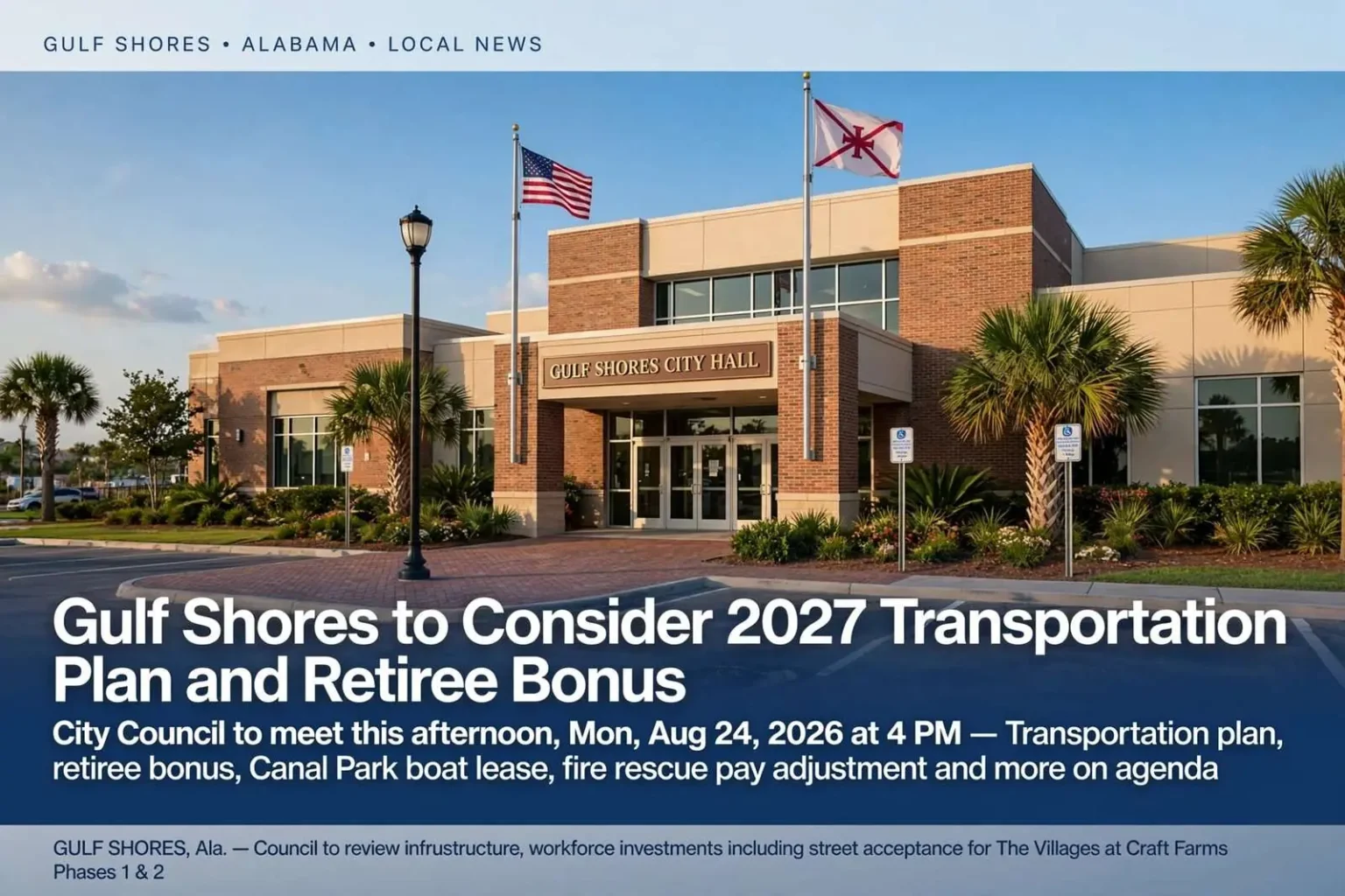 Illustration for the news story: Gulf Shores to Consider 2027 Transportation Plan and Retiree Bonus