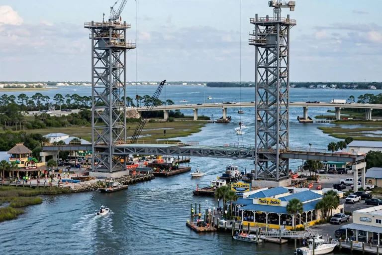 Illustration for the news story: Gulf Shores’ Waterway Village Pedestrian Bridge Reaches Tower Milestone in $24 Million Project