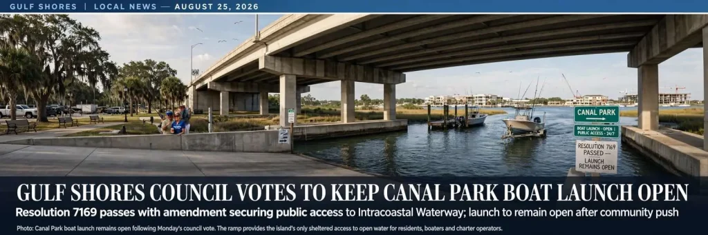 Illustration for the news story: Gulf Shores Council Could Vote Monday on Closing Canal Park Boat Launch