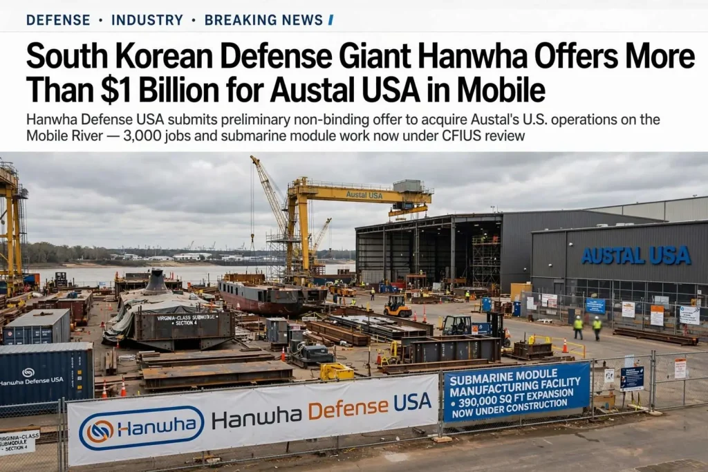 Illustration for the news story: South Korean Defense Giant Hanwha Offers More Than $1 Billion for Austal USA in Mobile
