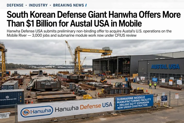 Illustration for the news story: South Korean Defense Giant Hanwha Offers More Than $1 Billion for Austal USA in Mobile