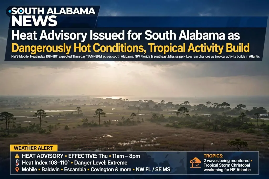 Illustration for the news story: Heat Advisory Issued for South Alabama as Dangerously Hot Conditions, Tropical Activity Build