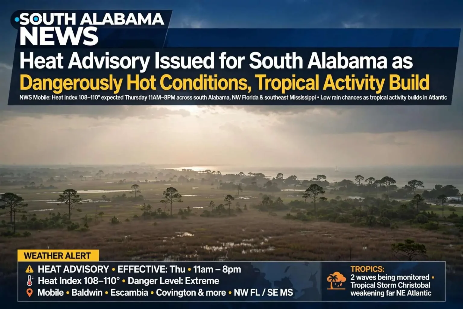 Illustration for the news story: Heat Advisory Issued for South Alabama as Dangerously Hot Conditions, Tropical Activity Build