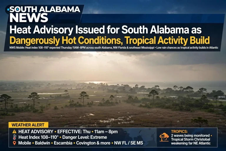 Illustration for the news story: Heat Advisory Issued for South Alabama as Dangerously Hot Conditions, Tropical Activity Build