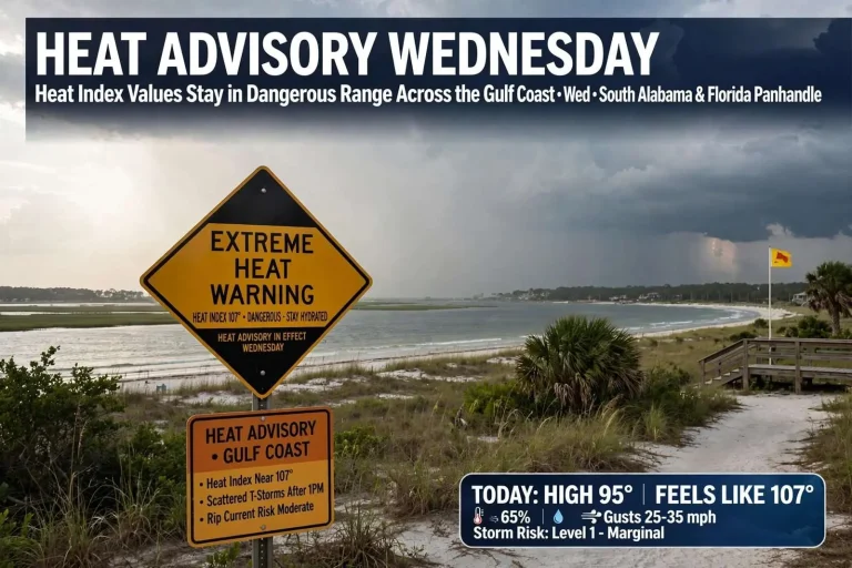 Illustration for the news story: Heat Advisory Wednesday as Gulf Coast Heat Index Values Stay in Dangerous Range