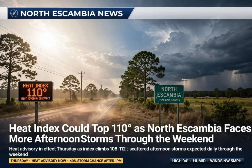 Illustration for the news story: Heat Index Could Top 110 as North Escambia Faces More Afternoon Storms Through the Weekend